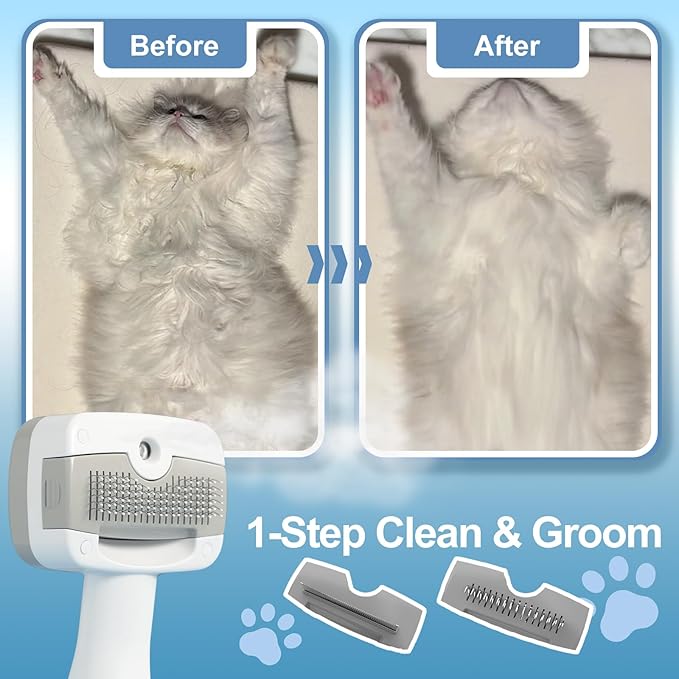 5 in 1 Pet Steam Brush for Dogs & Cats – Self Cleaning, 3 Pet Brush for Smoothing, Dematting, Thinning – Shedding, Grooming & Hair Removal, Includes Shampoo & Storage Case (8.0"-promax)-PawvioPets