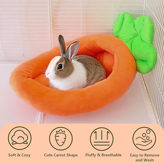 Bunny Bed,Thick&Soft Rabbit Bed with Removable Cushion,Machine Washable with Rattan Mat & Heart Decor,Cozy Warm Small Animal Sleeping Beds (Carrot Shape-M)-PawvioPets
