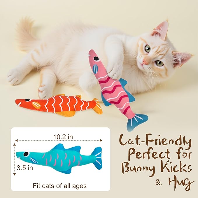 EXPAWLORER Catnip Cat Toys Fish,4 Pcs Durable Cat Kicker Toy with Natural Catnip Cotton,Interactive Bite Resistant Soft Pillow Filled for Indoor Cats Kitten Playing,Drives Bored Cats Crazy with Fun-PawvioPets