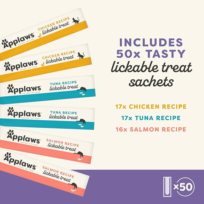 Applaws Lickable Cat Treats, Natural Grain-Free Purée, Limited Ingredient Variety Pack with Chicken, Tuna & Salmon Squeeze Up Treats (50 x 0.5oz Sachet Tub)-PawvioPets