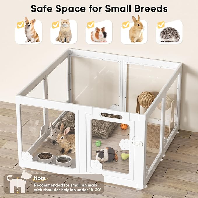 Acrylic Clear Dog Play Pen Indoors, Puppy Playpen with Door for Small Dogs Puppies, Transparent Plastic Pet Playpen Cage Fence Crate Kennel for Cat Kitten Rabbit Bunny Ferret etc (White-8 Panels)-PawvioPets