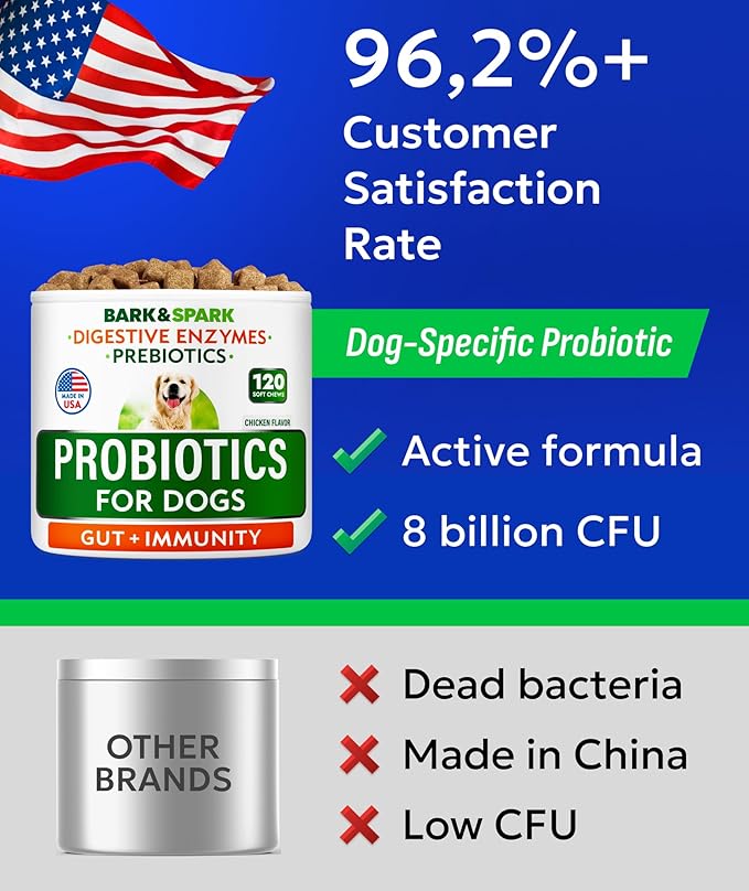 BARK&SPARK Dog Probiotics for Digestive Health w/Enzymes - Diarrhea Gas Treatment Upset Stomach Relief - Allergy & Itchy Skin - Pet Probiotics for Dogs - Digestion Supplement Treat (120Ct Chicken)-PawvioPets