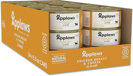 Applaws Wet Cat Food, 24 Count, Limited Ingredient Canned Wet Cat Food, Chicken Breast with Cheese in Broth, 5.5oz Cans-PawvioPets