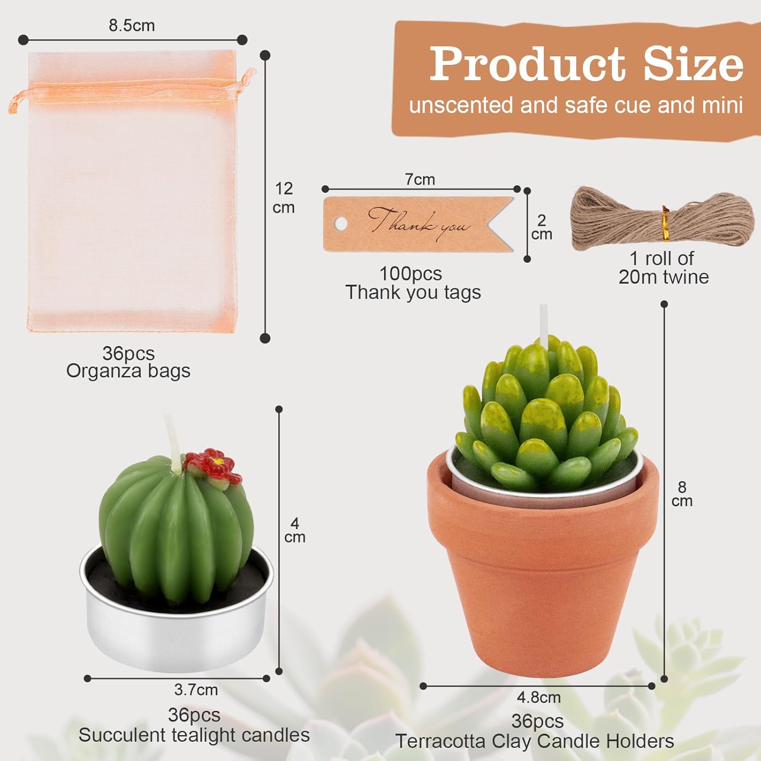 36 Pcs Succulent Cactus Candles Party Favors- Succulent Tealight Candles, Bulk Candle for Favors, Cactus Tea Light Candle with Mini Terracotta Clay Holders for Wedding Home Party Decor