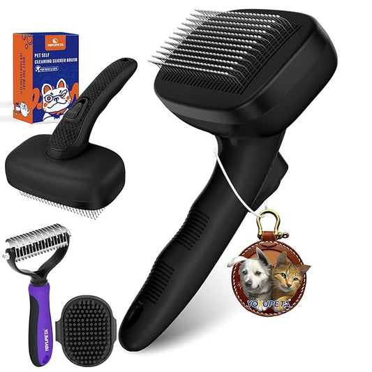 Dog Brush Kit - Self-Cleaning Slicker Brush with Bath Brush & Undercoat Rake | Deshedding Tools for Large - Small Dogs & Cats, Professional 3-in-1 Pet Grooming Set for Heavy Shedding, Black-PawvioPets