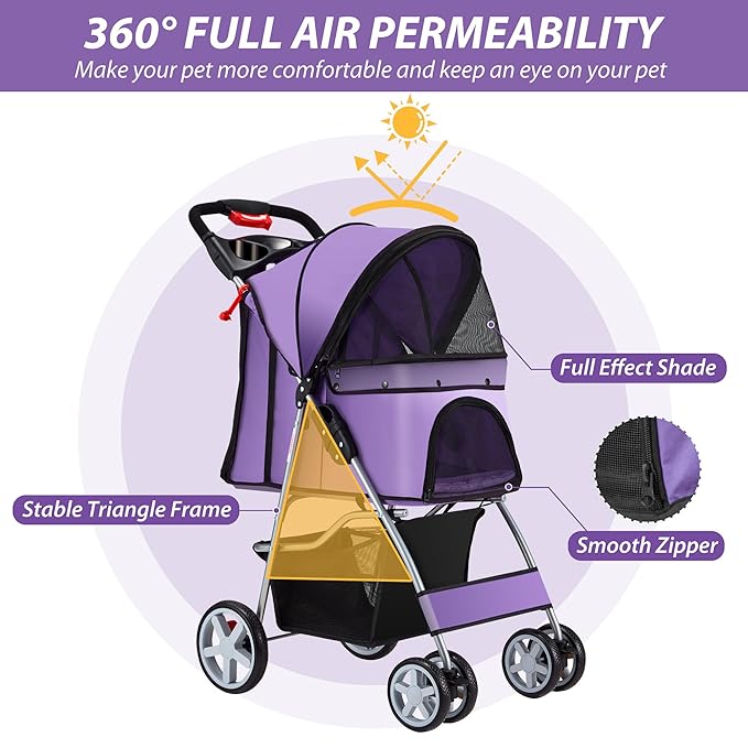 4 Wheels Pet Stroller for Small Medium Dogs Cats 10-33 lbs, Foldable Dog and Cat Stroller with Cup Holder & Storage Basket & Breathable Mesh, Pet Strolling Cart for All-Season, Purple-PawvioPets