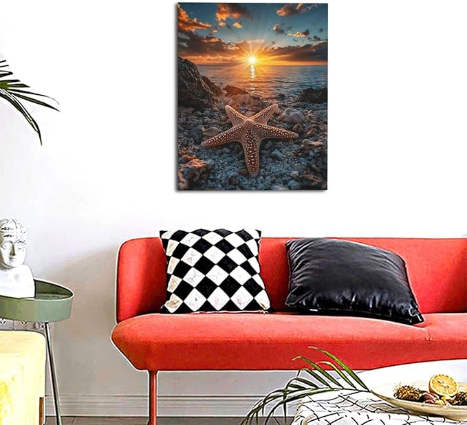Beach Starfish Wall Decor Ocean Starfish Wall Art Sunset Scenery Coastal Theme Pictures Canvas Nature Seascape Painting Print Framed Artwork Decorations for Home Bathroom Living Room Bedroom Office 16"x20"-PawvioPets
