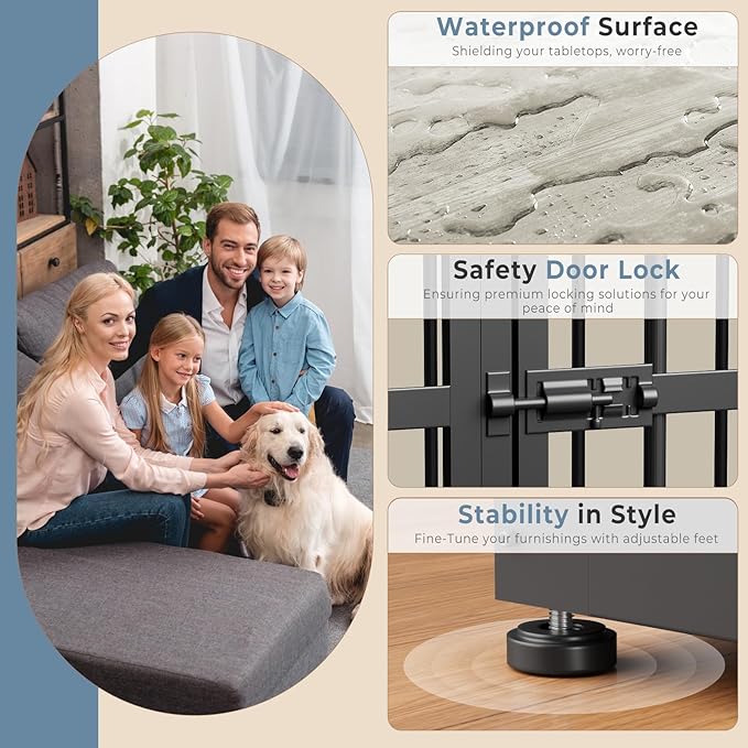 48'' XXL Dog Crate Furniture with 3 Doors, Wooden Crate End Table Heavy Duty Indoor Combination Cage for Medium to Large Dogs, Multiple Units Can be Combined, Grey-PawvioPets