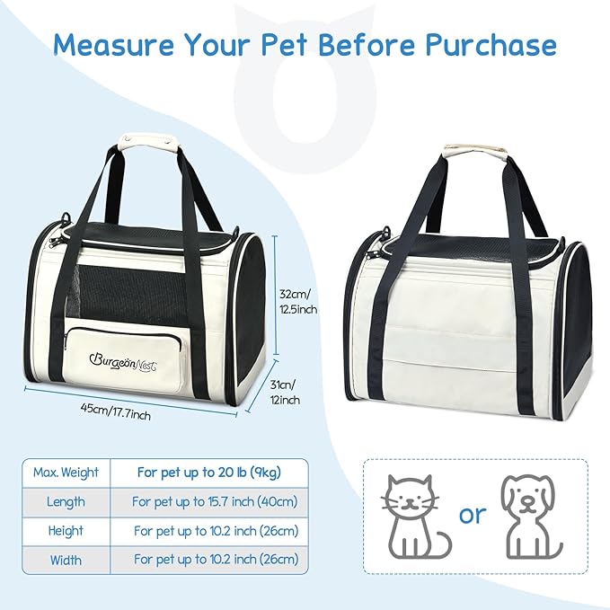 BurgeonNest Cat Carrier for Large Cats 20 lbs,Medium Pet Under 25 lbs,2 Puppy and Small Dogs with Unique Side Bag,Top Load Pet Carrier Soft-Sided Escape Proof with 4 Ventilated Windows-PawvioPets