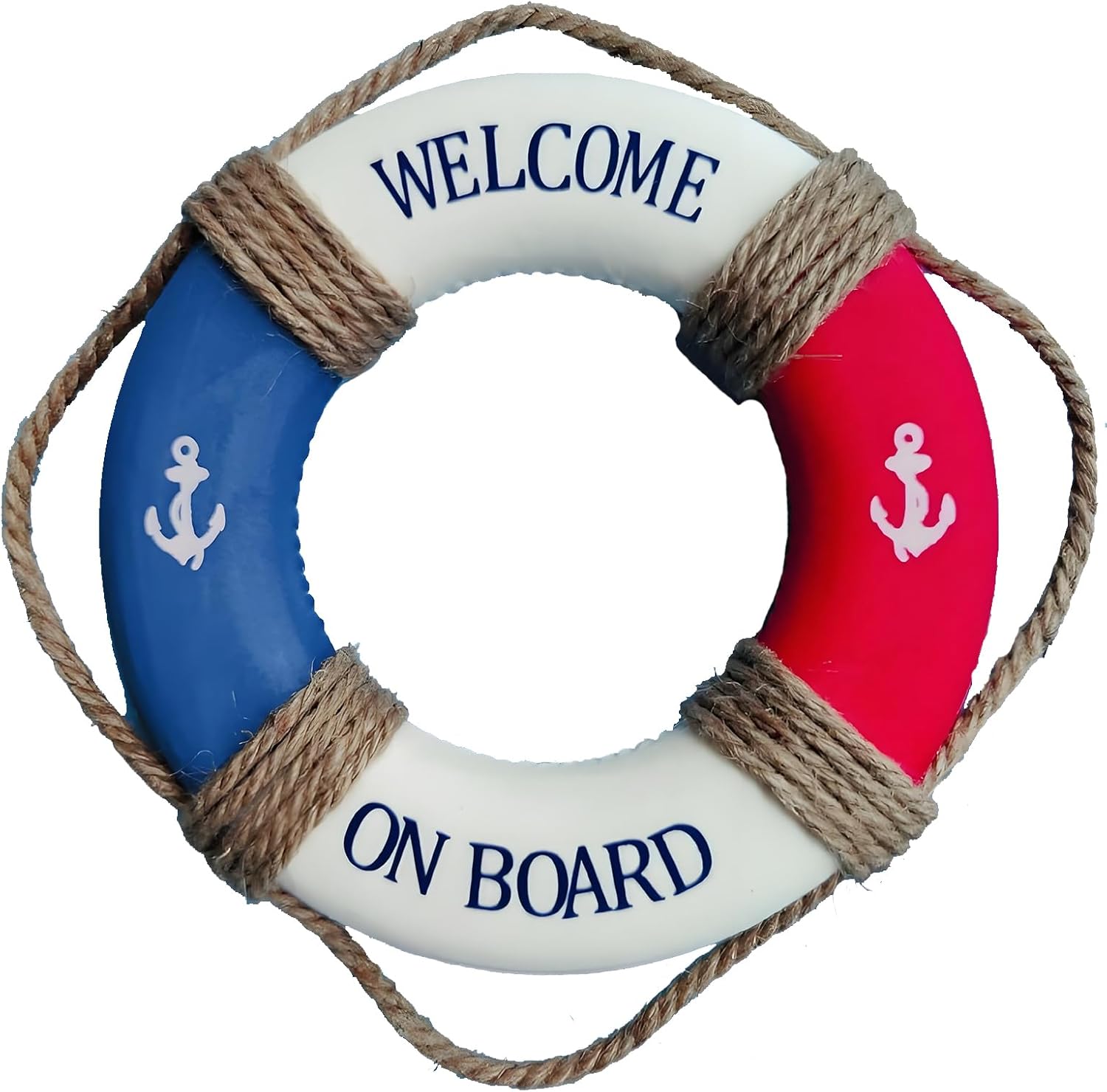 MorroMorn Lifebuoy Wall Hanging Decor - Welcome Aboard Mediterranean Style Home Decoration Hemp Rope (Red & Blue, 10")
