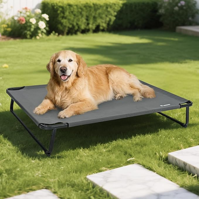 Elevated Dog Bed, Outdoor Dog Bed Large Raised Cooling Pet Beds Cots Waterproof Stable and Easy Assembly, Teslin Fabric with 1.2mm Thick Iron Frame, Breathable, Ultra-Sturdy，Grey, 42”*28“*8”-PawvioPets