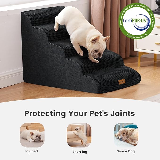 Gardner Pet Dog Stairs for Small Dogs 22.8" H, 5-Step Black Curved Pet Stairs, Dog Steps for High Bed, Couch (24-30 in) with Durable Non-Slip Waterproof Fabric Cover and CertiPUR-US Certified Foam-PawvioPets