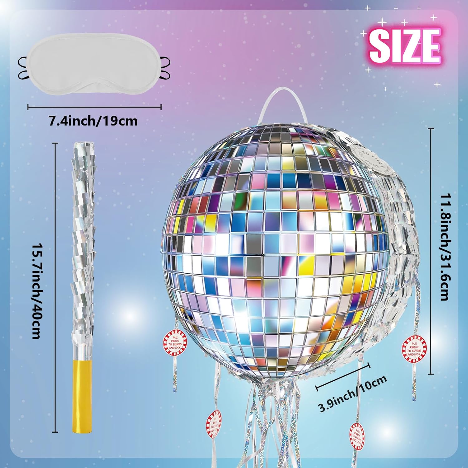 WERNNSAI Disco Ball Piñata - Disco Party Decoration Pull String Mirror Piñata with Bat and Blindfold for Adult Birthday Party Supplies