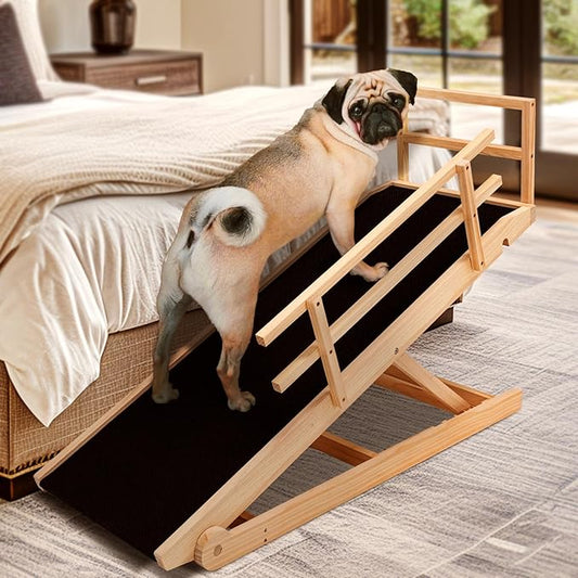 Dog Ramp for Bed, Adjustable Pet Ramps for Dog to Get on Bed, Non-Slip Rubber Surface - Folding Wooden Dog Ramp for Small/Large/Old Dogs, Adjustable up to 23.5 inch High Beds, Safety Railings-PawvioPets