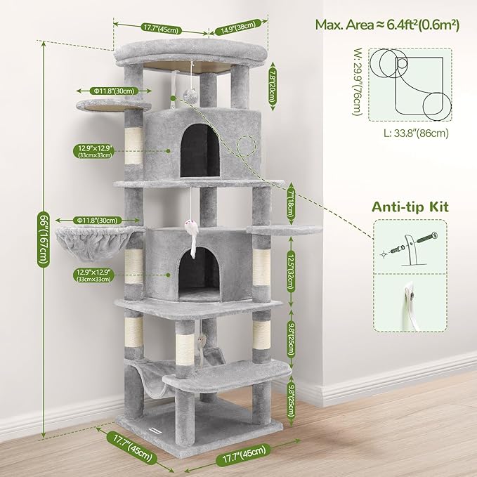 Globlazer Corner Cat Tree for Large Cats, 66inch Tall Curved Series Large Cat Tower for Multiple Indoor Cats with 6 Scratching Posts, 2 Spacious Cat Condos, Hammock, Hanging Basket, C66, Light Grey-PawvioPets