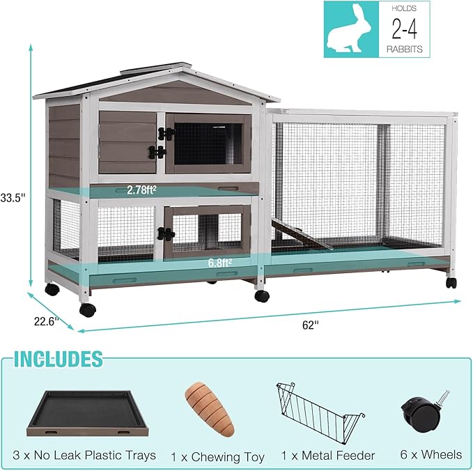 62" Rabbit Hutch with Chew-Proof Ramp & Waterproof Roof - Indoor/Outdoor Bunny Cage, 2-Story Design, 6 Lockable Caster Wheels & Dual Pull-Out Trays (Brown)-PawvioPets