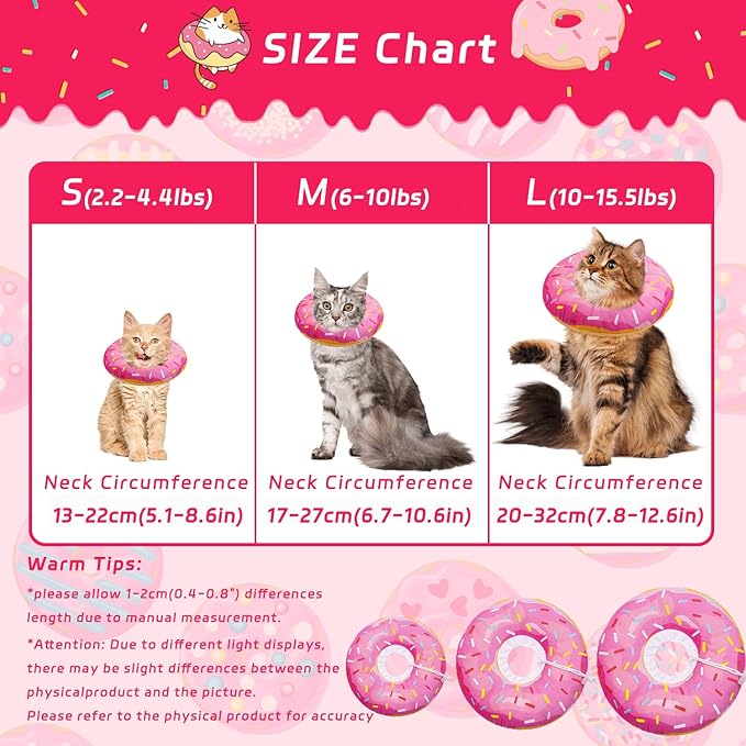 Cat Cone Collar Soft, Adjustable Cat Recovery Collars Spay Cones to Stop Licking, Cute Donut E Collar After Surgery, Anti-Lick Wound Healing Elizabethan Collar for Kittens (Donut Pink, Small)-PawvioPets