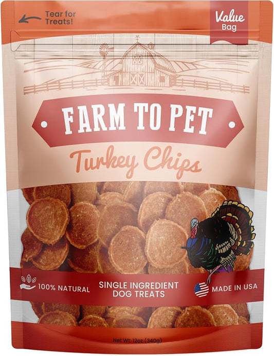 Farm To Pet Dog Training Treats, Healthy Turkey Dog Treats - 12 oz, Crunchy, Single Ingredient, All Natural Turkey Chips, Easy to Digest, Great for Dogs with Chicken Allergies, Made in USA-PawvioPets