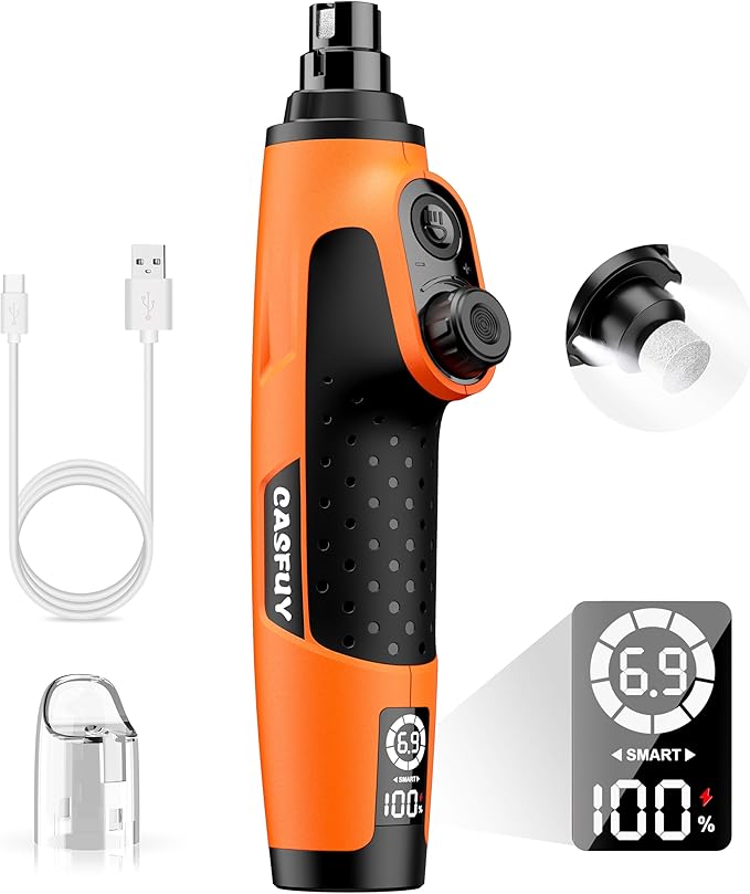 Casfuy Smart 6-Speed Dog Nail Grinder - 50% More Power Pet Nail Grinder with 2 LED Lights Quiet Rechargeable Electric Dog Nail Trimmers File Toenail Grinder for Large Medium Small Dogs & Cats(Orange)-PawvioPets