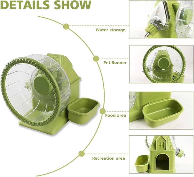 4 in 1 Silent Large Hamster Wheel Multifunctional Hamster Running Wheel Quite Running Spinner Wheel Accessories with Food Bowl Water Bottle for Hamsters Dwarf Gerbil (Green)-PawvioPets