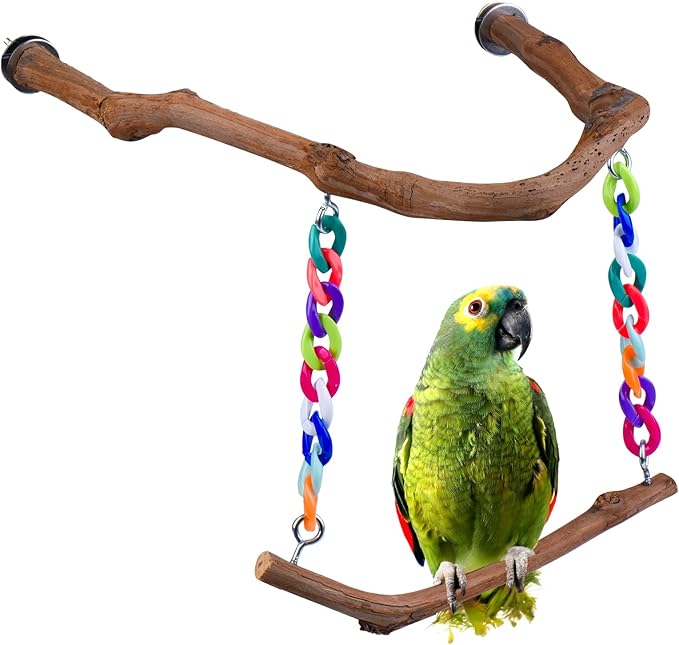 Bird Swing Toys, Standing Bird Perch with Natural Grape Wood, U Shape Hangable Birdcage Accessories, Birds Chewing Toy for Budgerigars, Parakeets, Cockatiels, Conures, Lovebirds, Finches (1Pack)-PawvioPets