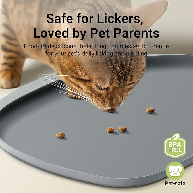 DownyPaws Dog Food Mats for Floors Waterproof, BPA Free Silcone Dog Bowl Mat, Non-Slip Pet Feeding Mat with High Raised Edge, Cat Placemat for Messy Drinkers, 24"×17", Light Gray-PawvioPets