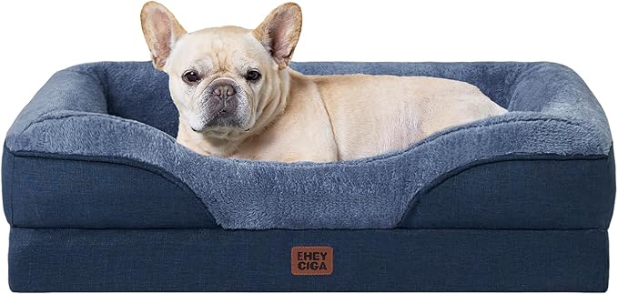EHEYCIGA Memory Foam Dog Bed for Medium Size, Orthopedic Dog Sofa with Sides and Waterproof Liner, Washable Bolster Pet Couch with Removable Cover, 30x20x6.5 Inch, Navy-PawvioPets