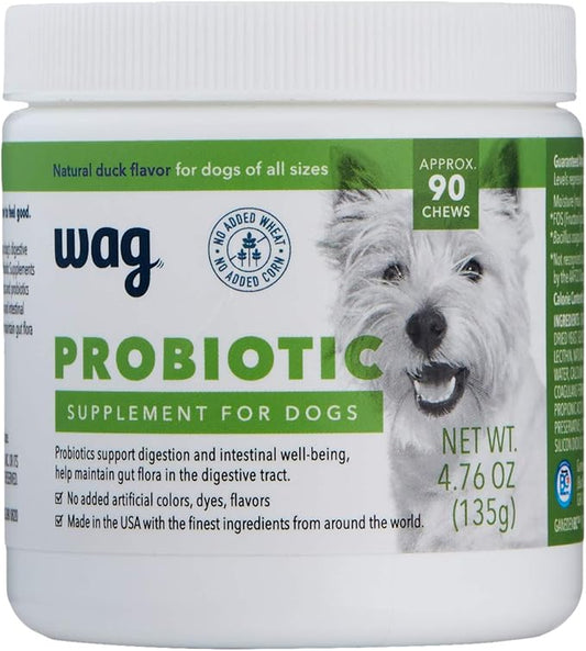 Amazon Brand - Wag Probiotic Supplement Daily Chews for Dogs, Supports Digestion and Gut Health, Natural Duck Flavor, 90 count-PawvioPets