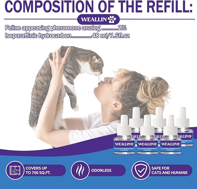 6 Pack Cat Calming Diffuser Refills - Cat Pheromones Calming Diffuser Refill Relieve Anxiety & Stress 6 Month Supply, Cat Pheromone Diffuser Refills (Fits All Common Diffuser Heads)-PawvioPets