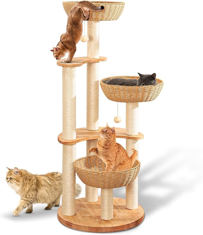 54" Modern Cat Tree Tower for Indoor Cats, Oak Cat Scratching Tree for Multiple Large Cats, Manual Hand Woven Luxury Cat Condo, Unique High-end Design Cat Furniture Activity Centre, Easy Clean-PawvioPets