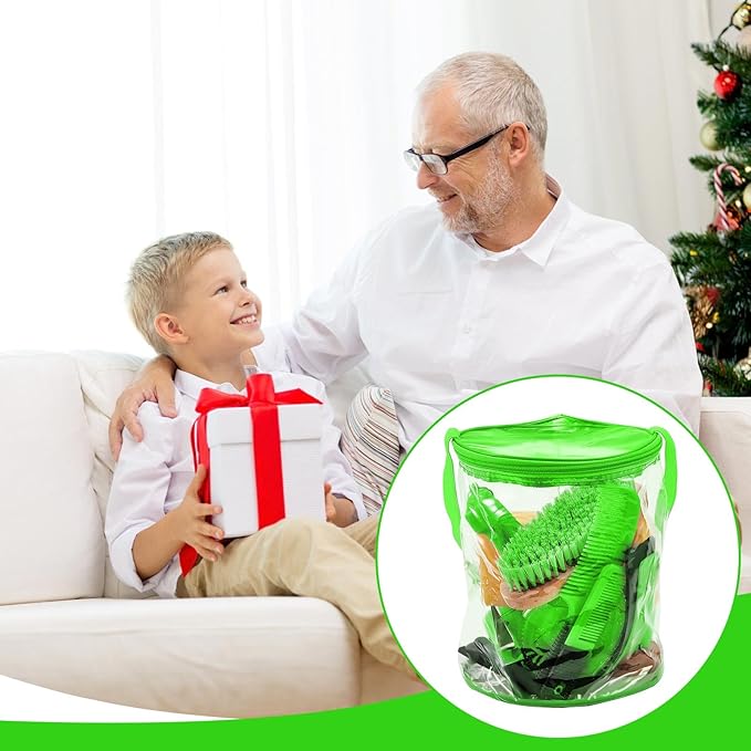 9 Pieces Horse Grooming Kit Tack Room Supplies Set with Organizer Tote Bag, Oval Massage Curry, Hard and Soft Brush, Hoof Pick, Sweat Scraper, Bathing Sponge, Combs for Horse Riders Beginners (Green)-PawvioPets