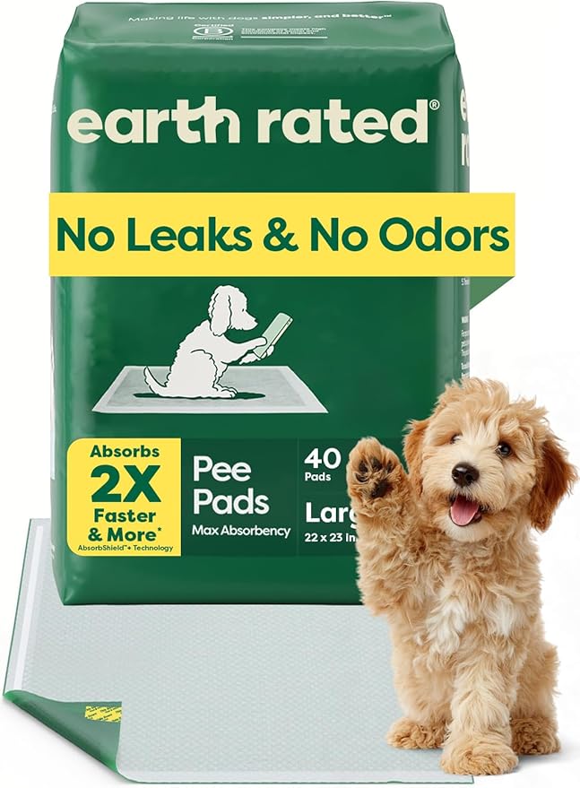 Earth Rated Max Absorbency Puppy Pee Pads for Dogs Absorbs 2X Faster & 2X More, Leak-Proof Odor-Free Potty Training Wee Wee Pad, Unscented, Large, 22” x 23”, 40 Count-PawvioPets