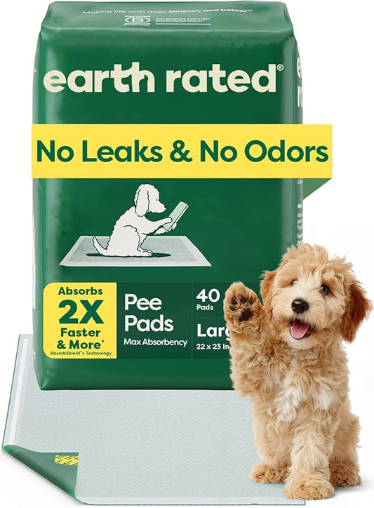 Earth Rated Max Absorbency Puppy Pee Pads for Dogs Absorbs 2X Faster & 2X More, Leak-Proof Odor-Free Potty Training Wee Wee Pad, Unscented, Large, 22” x 23”, 40 Count-PawvioPets