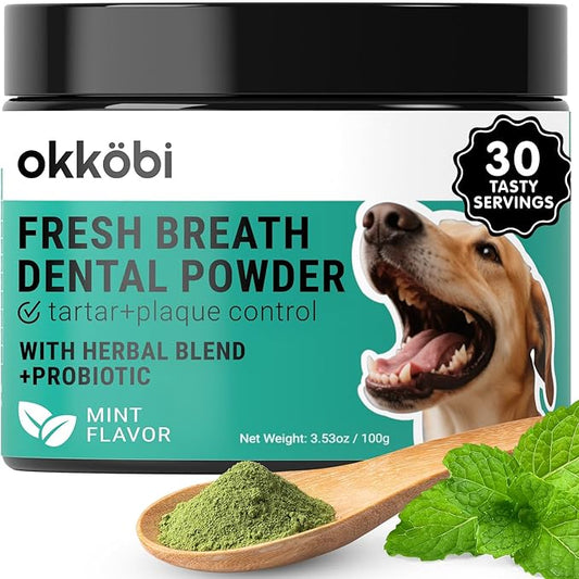 Dog Teeth Cleaning Powder - Dog Breath Freshener + Dental Care for Doggies & Cats + Tartar Remover for Teeth with Natural Ingredients + Probiotics Blend (Mint - 100g)-PawvioPets