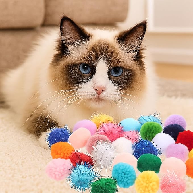 30 Pcs Cat Pom Pom Balls Assorted Color Sparkle Ball for Indoor Cats, Interactive Cats Toys Fuzzy Cat Balls Tinsel Glitter Chase Poms Poms Ball for Exercise and Entertainment-PawvioPets