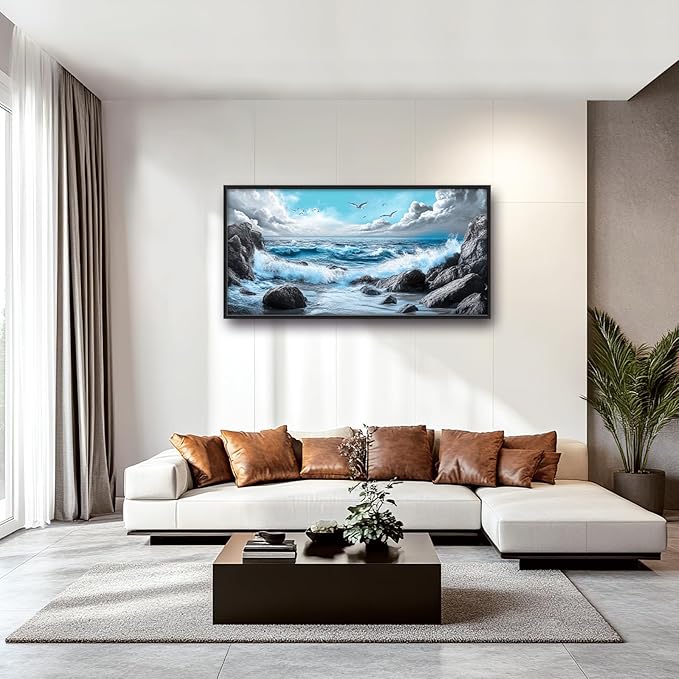 Extra Large Framed Abstract Sea Ocean Wall Art,Black and White Wall Decor, Coastal Seashore Pictures for Living Room,Canvas Print Painting Modern Artwork Bedroom Office Bathroom 60L x 30W-PawvioPets