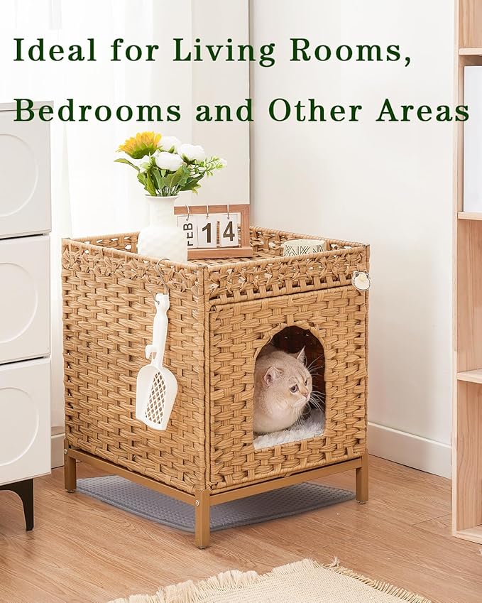 Cat Litter Box Enclosure Hidden Litter Box Furniture with Metal Heightened Feet, Rattan Handwoven Cat House with Litter Mat, Hidden Litter Box Furniture for Bedroom Living Room Natural-PawvioPets
