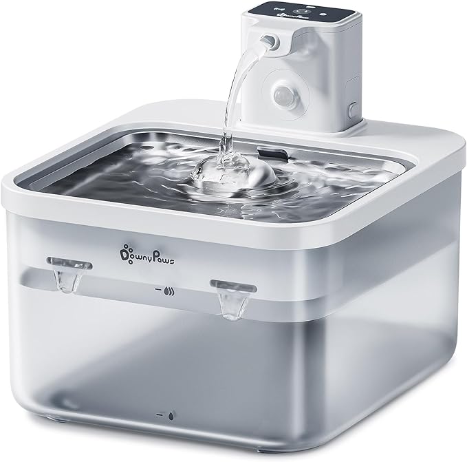 DownyPaws Battery Operated Cat Water Fountain Stainless Steel, 84oz/2.5L Fursink Wireless Pet Water Fountain for Cats Inside, Automatic Dog Water Dispenser with Faucet, Quiet Pump, BPA-Free, White-PawvioPets