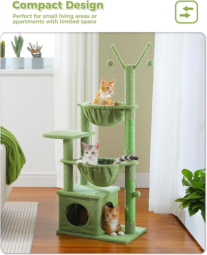 Cactus Cat Tree, 47.6" Cat Tower with 2 Metal Frame Hammock, Cat Scratching Post for Indoor Cats with 2 Removable Pompom Sticks for Kittens, Green-PawvioPets