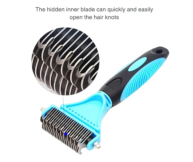 3-in 1 Dog & Cat Grooming Supplies- Self-cleaning Slicker Brush, Deshedding Rake Comb, And Finger Toothbrush For Dogs & Cats | Perfect For Pet Grooming Kit, Dematting And Dental Tool (blue)-PawvioPets