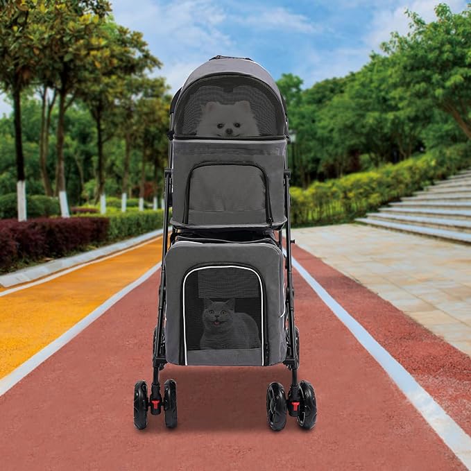 2 Tiers Pet Stroller,4 Wheel Dog Stroller Cat Strollers,3.07lbs Pet Gear Foldable Jogger Travel Cart,Grey Cat Carrying Cart with Storage Basket for Small Medium Pet (Grey)-PawvioPets