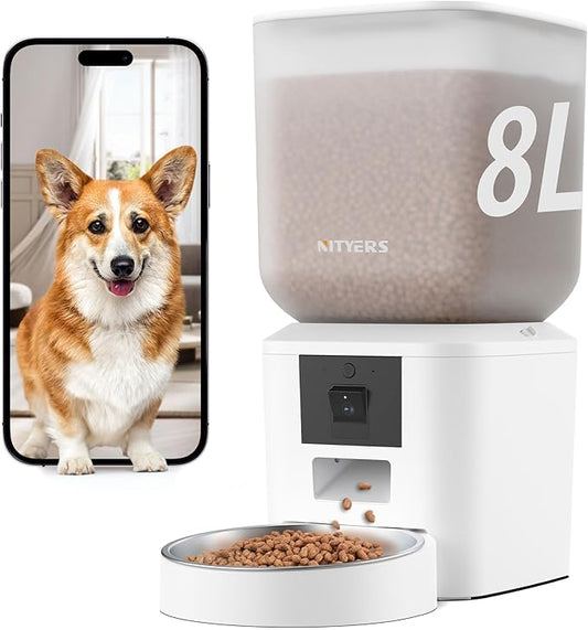 Automatic Dog & Cat Feeder with Camera & WiFi – 8L/34 Cups, 1080P Night Vision, 2.4 & 5G WiFi, 2-Way Talk, 10s Voice Recording, Timed Food Dispenser, Up to 99 Portions, 15 Meals Per Day-PawvioPets
