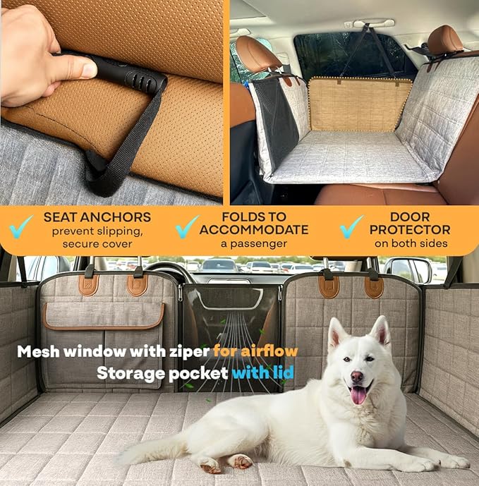 APetsPlanet Dog Car Seat Cover for Back Seat Hard Bottom - Waterproof Backseat Extender for Dogs - Pet Hammock for Car, Truck, SUV - Protector Bed with Mesh Window & Storage - Gray, with Door Covers-PawvioPets