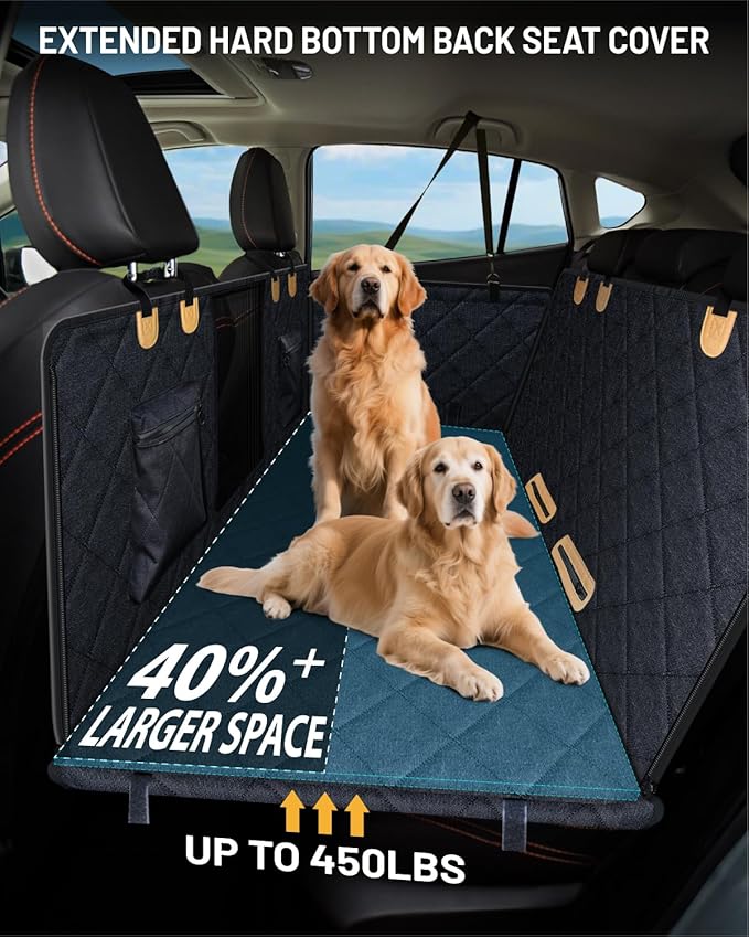Back Seat Extender for Dog, Waterproof Dog Car Seat Cover for Back Seat, Hard Bottom Car Seat Cover, Large Space Hammock for Full-Size Crewcab Trucks, Pet Seat Cover Holds 450lbs(Black)-PawvioPets