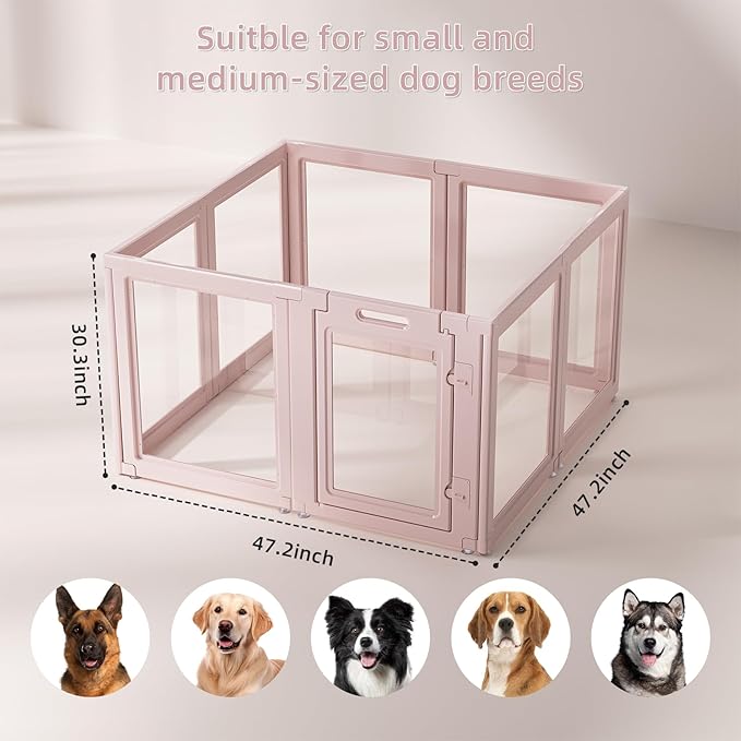 DIY Clear Acrylic Dog Playpen House,Quick Easy Assembly and Disassembly,Strong Floor Suction,Indoor and Outdoor Use,Easy Cleansing Puppy Fence (Skin Pink, 30.3" H, 8PCS)-PawvioPets