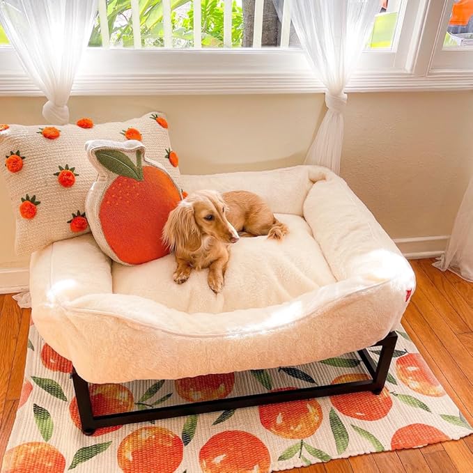 FUZI Luxury Aesthetic Dog Bed for Medium Dogs with Washable Cover, Pet Couch, Pet Bed with Sides, Non-Slip Bottom, Soft and Durable Calming Dog Bed, Faux Rabbit Fur, Medium 31.75x23.6x9.5 Soft White-PawvioPets