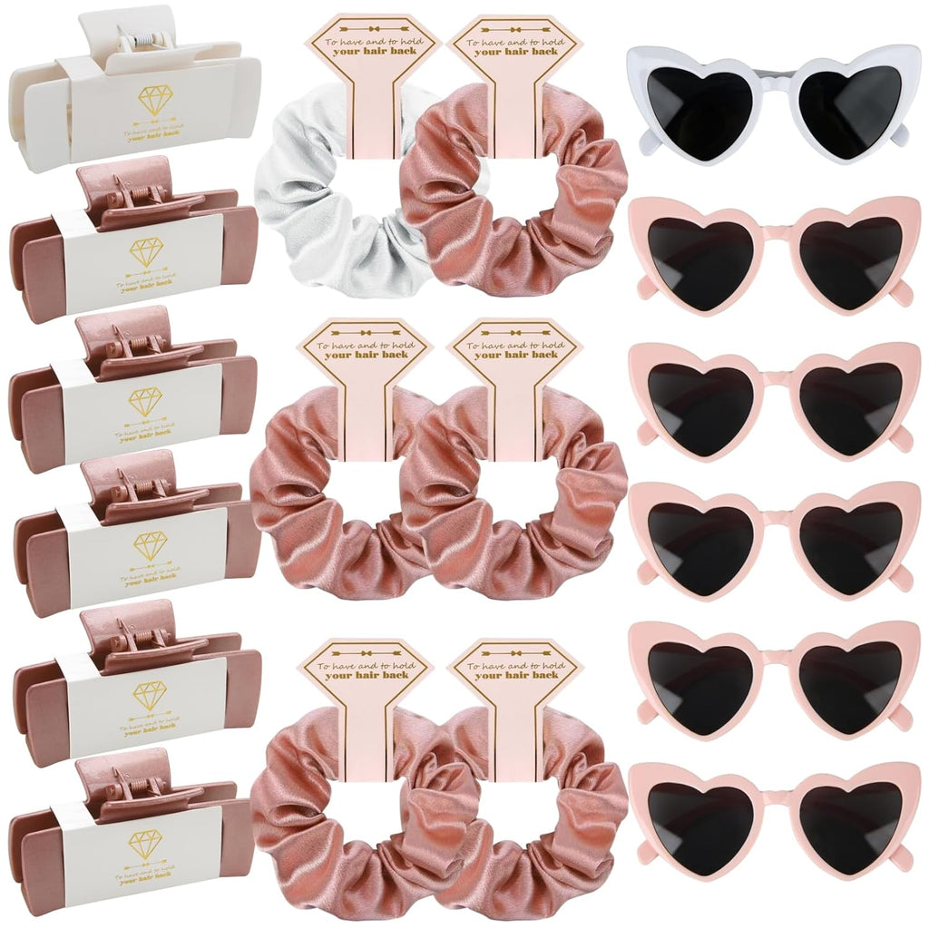 Bridesmaid Scrunchies Proposal Gifts 4.1inch square Hair Claws Bachelorette Hair Clip heart sunglasses Girls gift for Wedding Party Favors (18pcs White&Rose Gold)