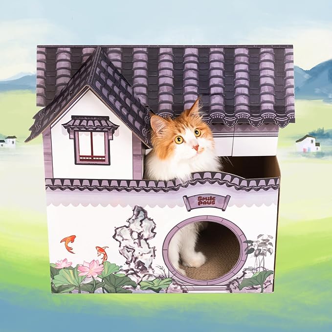 Cat Beds for Indoor Cats, Cardboard House with Scratchers, Tea House, Large Sturdy Cat Furniture Condo Cave Tent, Easy to Assemble Pet Toys Accessories Stuffs, Bunny Small Animals-PawvioPets