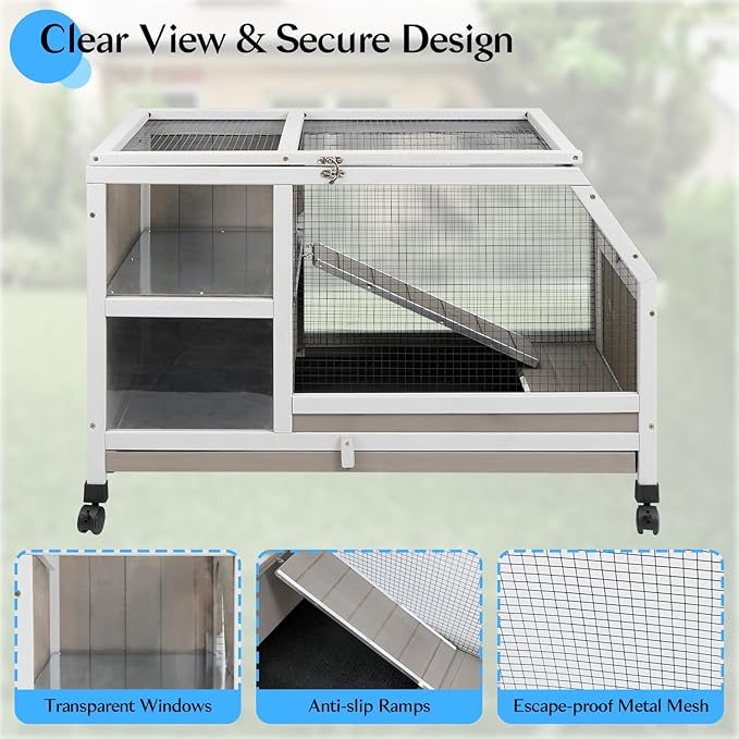 36''L Rabbit Hutch Outdoor with Casters and Run, Wooden Indoor 2 Story Guinea Pig Cage with Divider Panel, Pull Out Tray, Rabbit Duck Bunny House for Small to Medium Animals and Pet Lover, Gray-PawvioPets