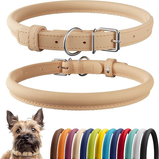 CollarDirect Rolled Leather Dog Collar, Soft Padded Round Puppy Collar, Handmade Genuine Leather Collar Dog Small Large Cat Collars 13 Colors (8-11 Inch, Beige Smooth)-PawvioPets
